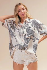BiBi Leopard Print Short Sleeve Silky Satin Shirt Top OutfitFlow